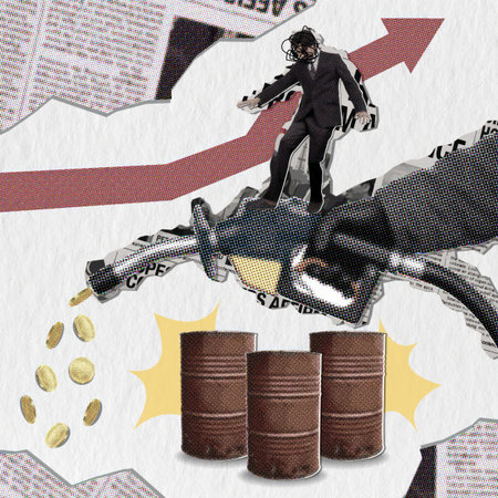 Oil price analysis with rising trend and economic symbols.