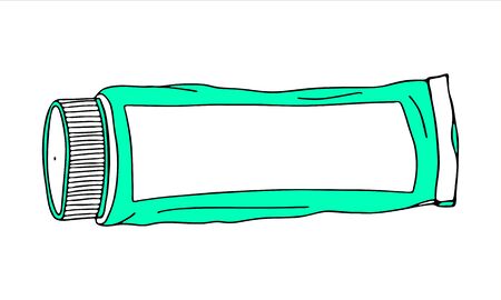 Mint toothpaste is dental product for personal oral hygiene at home in the bathroom. Large tube. Color vector isolated flat doodle realistic cartoon drawing with black outline on white background icon.のイラスト素材