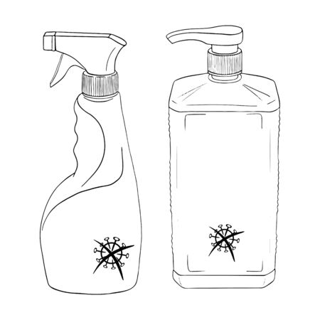 Set template medical antiseptic surfaces. Product for hygiene. Disinfection premises. Sanitizer dispenser, protect coronavirus bacteria. Vector isolated doodle realistic black outline white background.のイラスト素材