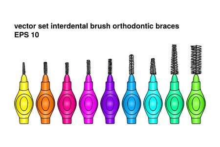 Set interdental brush orthodontic braces. Pipe-cleaner dental product personal oral hygiene home bathroom. Color vector isolated flat doodle realistic drawing with black outline white background icon.のイラスト素材