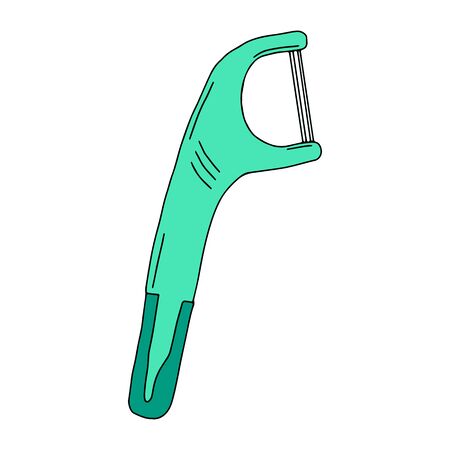 Tool plastic handle for cleaning interdental spaces. Dental product personal oral hygiene home bathroom. Color vector isolate template flat doodle realistic drawing black outline white background icon.のイラスト素材