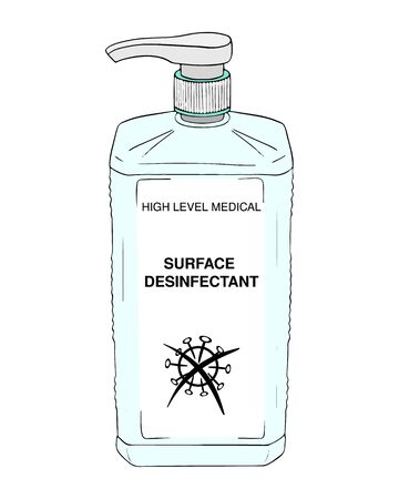 Template pump bottle high level medical surface premise disinfectant. Product hygiene. Sanitizer dispenser, protect from virus bacteria. Vector isolated doodle realistic black outline white background.のイラスト素材