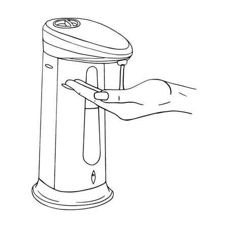 Female hand use modern automatic liquid soap dispenser close up. Hygiene product prevention from viruses, bacteria. Vector template isolated flat doodle realistic black outline white background iconのイラスト素材