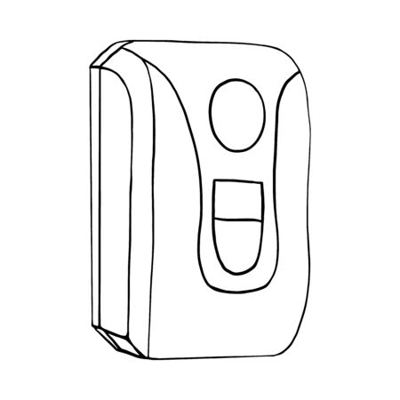 Modern wall automatic liquid soap dispenser close up. Product hygiene prevention, protection from viruses, bacteria. Vector template isolated flat doodle realistic black outline white background iconのイラスト素材