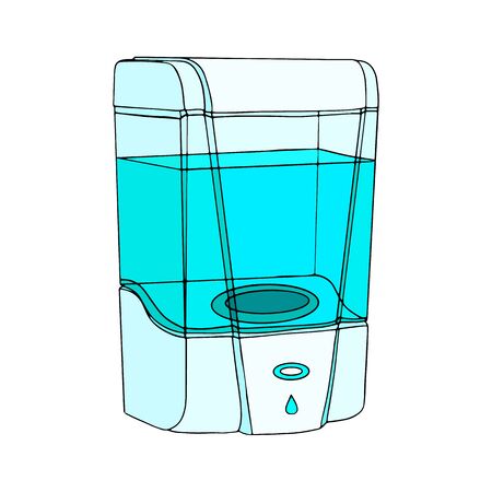 Modern wall automatic liquid soap dispenser touch. Product hygiene prevention, protection viruses, bacteria. Color vector template isolated flat doodle realistic black outline white background iconのイラスト素材