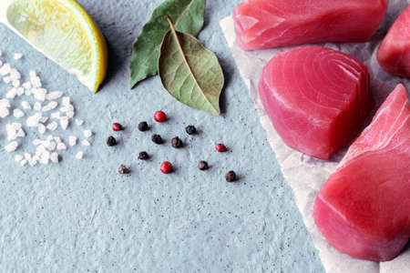 tuna steaks on a gray backgroundの写真素材