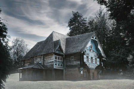 house-museum Teremok in the village of Flenovo in the fogのeditorial素材