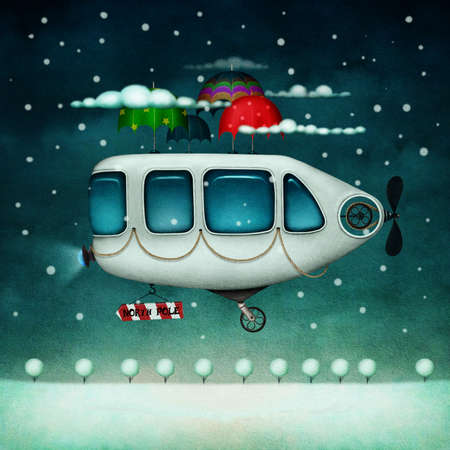 Winter illustration of  flying machine flying to the North Pole. Computer graphics. の写真素材