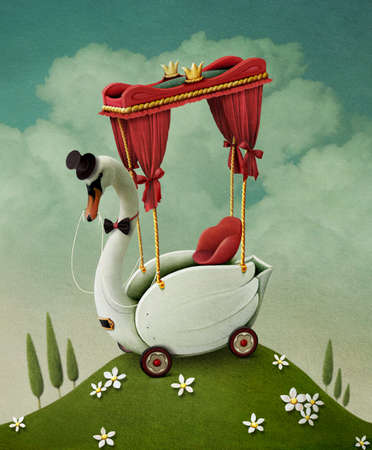 Conceptual illustration or poster.   Traveling wooden toy swan. Computer graphics.の写真素材