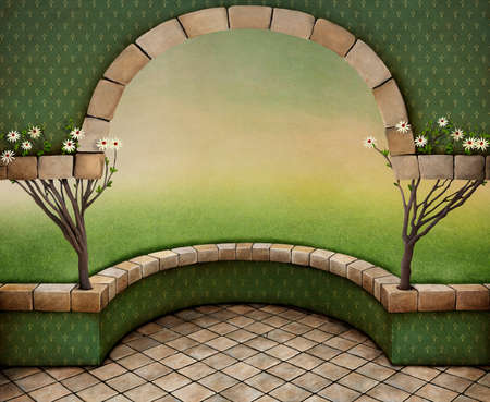 Background with arch and podium and treesの写真素材
