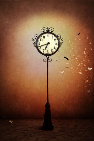 Fantasy illustration or poster, or background for card with street clockの写真素材