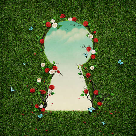 Beautiful green background with roses and aces in keyhole.の写真素材