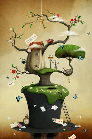 Conceptual illustration with colorful house on treeの写真素材