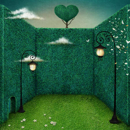 Fantasy tale illustration or poster green room and Lanternの写真素材