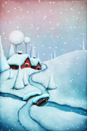 Greeting card Christmas with winter landscape and Christmas villageの写真素材