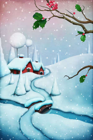 Greeting card Christmas with winter landscape and Christmas villageの写真素材