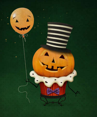 Funny poster or greeting card for holiday of Halloween with cake and balloonsの写真素材