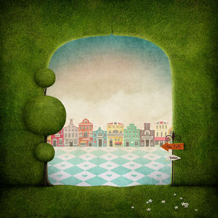 Fantasy background green arch and colorful city.の写真素材