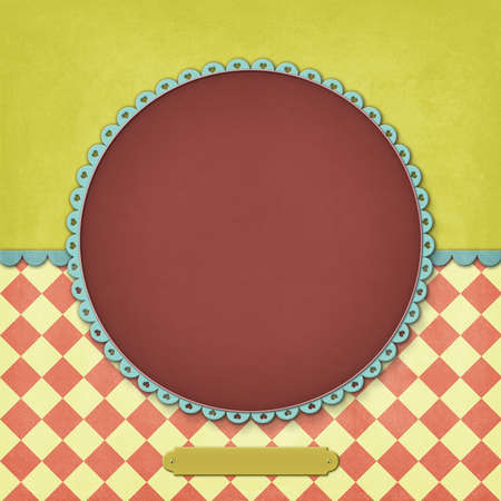 Yellow background with red circle frame and ornament for greeting card or posterの写真素材