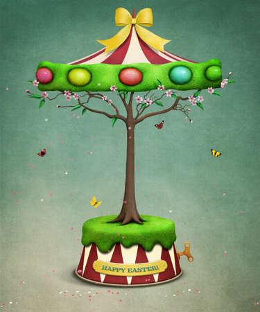 Holiday greeting card with fantasy tree Carousel with Easter Eggsの写真素材