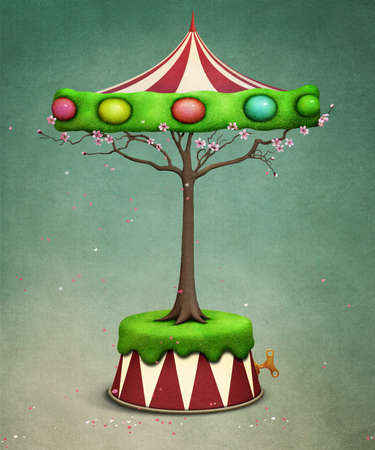 Holiday greeting card with fantasy tree Carousel with Easter Eggsの写真素材