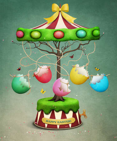 Holiday greeting card with fantasy tree Carousel with Easter Eggsの写真素材