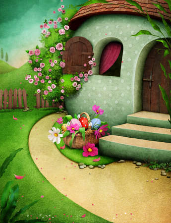 Festive greeting card with rural house Egg and beautiful landscapeの写真素材