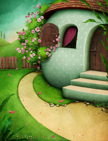 Festive greeting card with rural house Egg and beautiful landscapeの写真素材
