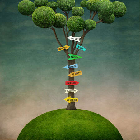 Fantasy illustration with tree on hill and signs, Wonderland.の写真素材