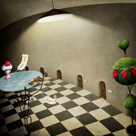 Conceptual illustration or poster with long corridor with many doors and glass table, Wonderland.の写真素材