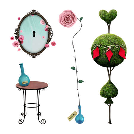 Fantasy isolation elements a Wonderland for magic poster or illustration with tree, mirror, table, roseの写真素材