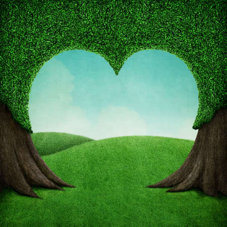Fantasy nature beautiful background tree shape of heart and green crown and fieldの写真素材