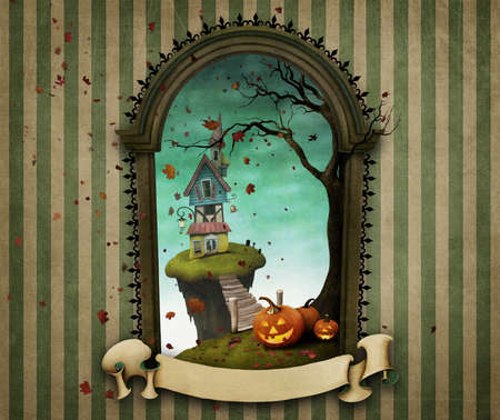 Illustration or poster or greeting card Happy Halloween with frame headstone and banner.の写真素材