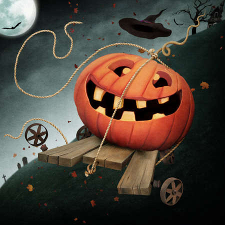 Holiday greeting card or poster with fun pumpkin for autumn holiday of Halloweenの写真素材