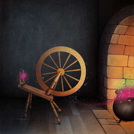 Halloween holiday greeting card, illustration or poster room with hearth and magic spinning wheelの写真素材