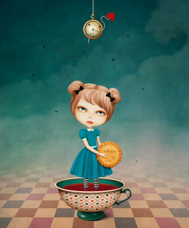Conceptual illustration for fairy tale Wonderland with girl in tea Cup and biscuits.の写真素材
