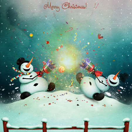 Winter holiday greeting card with two cheerful snowman with Christmas cracker.の写真素材