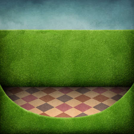 Texture green background with fence, sky and fabulous room.の写真素材