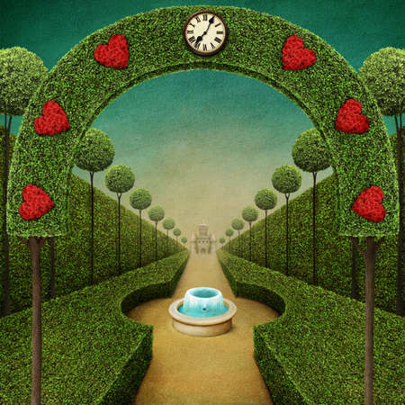Conceptual fantasy green background with arch and Grand entrance to the Park with fountain.の写真素材