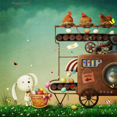 Holiday greeting card or poster for Easter production and painting machine Easter Egg.の写真素材