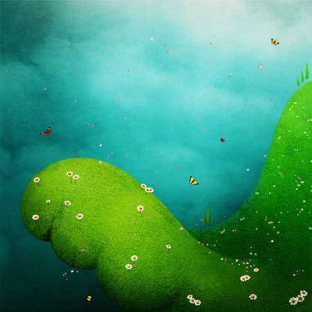 Spring green background for greeting card or poster with mountain and trampoline covered with flowerの写真素材