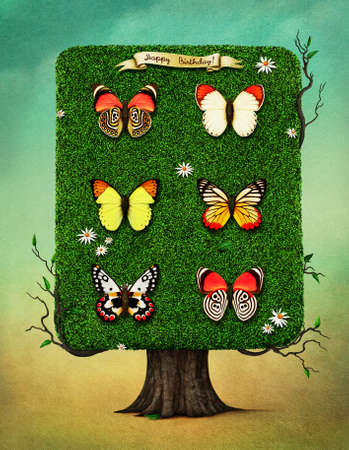 Beautiful Greeting Birthday card with six colorful butterflies on square treeの写真素材