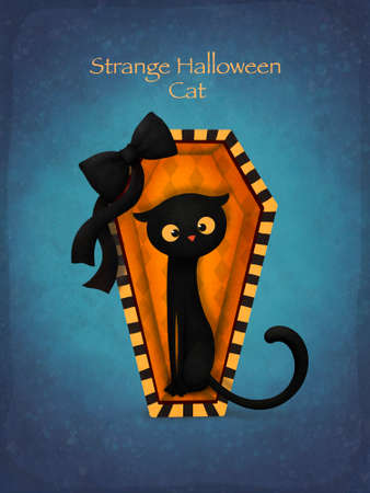 Halloween fantasy illustration or postcard black cat in coffin for design use for invitation, set for party, event, greeting cardの写真素材