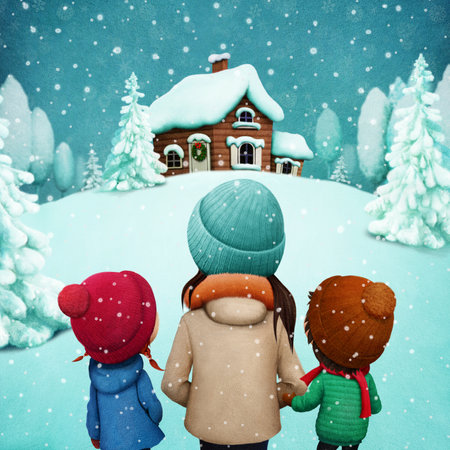 Winter greeting card or poster, illustration with a family in the winter forest looking at the house.の写真素材
