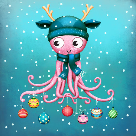 Cartoon cute character Pink Christmas Octopus for Christmas or New Year holiday greeting card.の写真素材