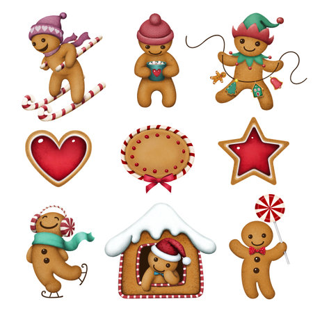 Set Cartoon cute character Christmas Gingerbread man for Christmas or New Year holiday greeting card or wallpaper.の写真素材