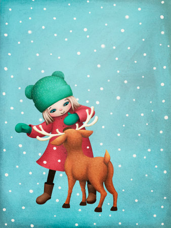 Winter greeting card or poster for Merry Christmas or New Year with girl and bird. computer graphic.の写真素材