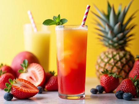 Fresh fruit juice with strawberries, blueberries and pineapple on a yellow backgroundの素材