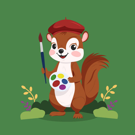 Squirrel Artist Paints With Colorful Palette in a Vibrant Green Settingのイラスト素材