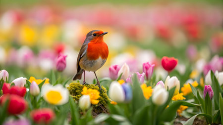 Bird with red chest is perched on moss surrounded by blooming flowers.の素材